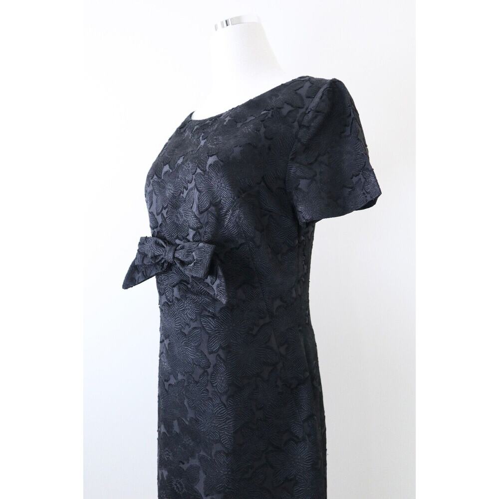 Vintage 1960s Boat Neck Sheath Dress Bow Front Short Sleeve Jacquard Black - Picture 6 of 11